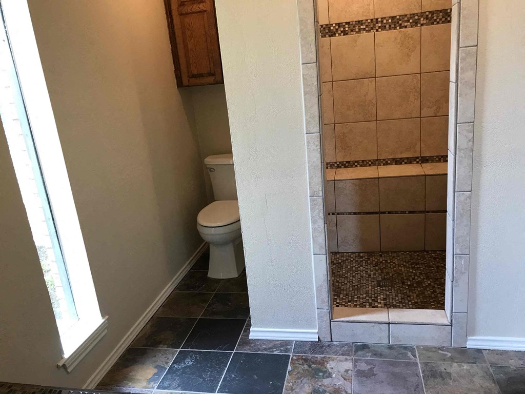 a bathroom with a toilet and a walk in shower
