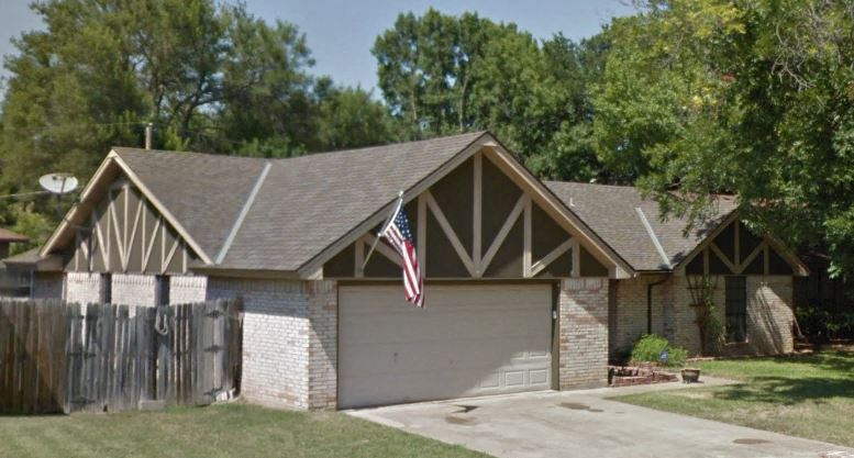 a garage with an flag on the door
