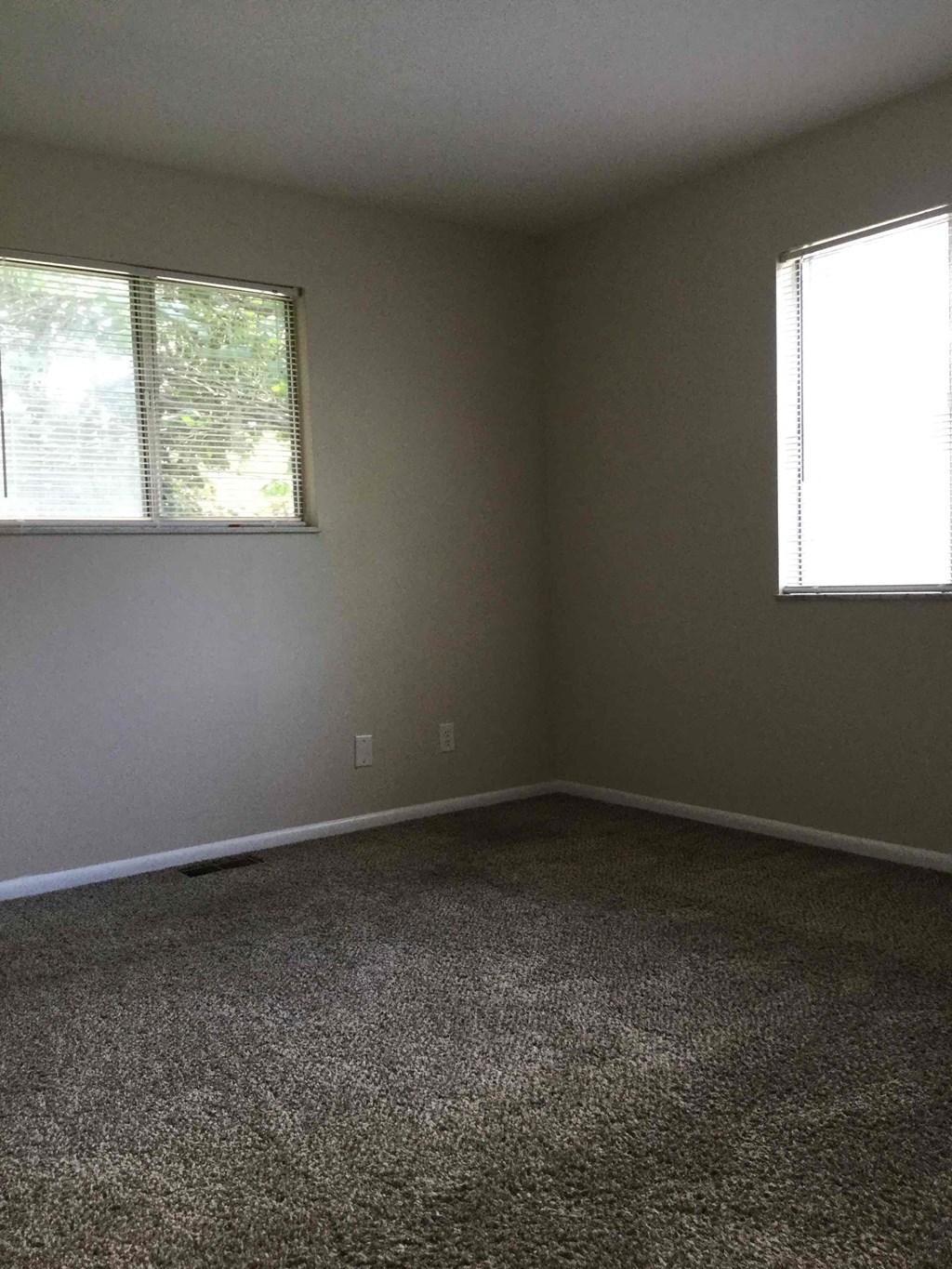 A room with a carpeted floor and two windows.