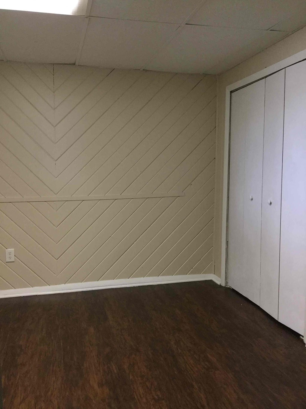 A room with a wooden floor and a white closet.