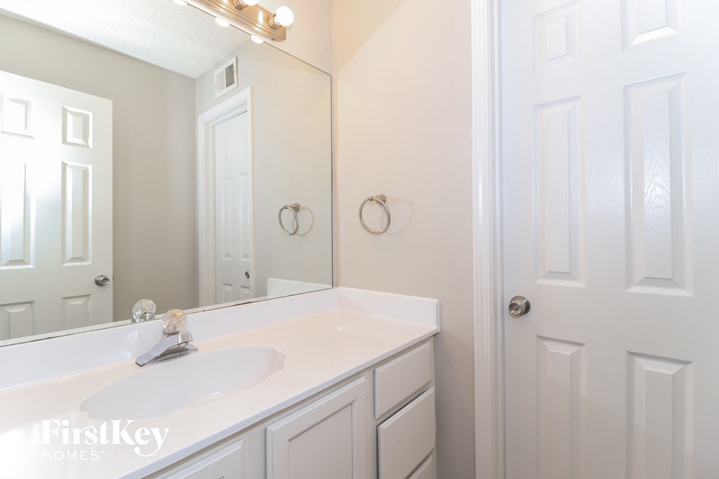 a bathroom with a white sink and a large mirror