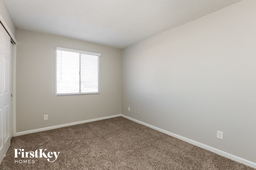 a bedroom with a carpeted floor and a window
