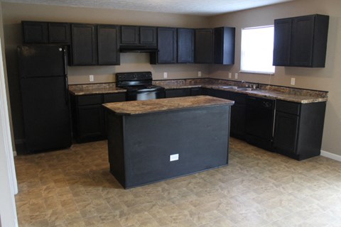a kitchen with black cabinets and a counter top