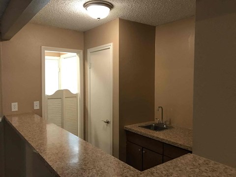 A kitchen with a sink and cabinets.