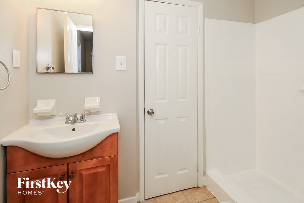 a bathroom with a sink and a mirror and a shower