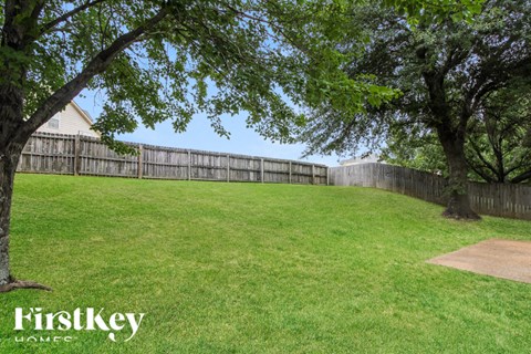 a backyard with a fence and grass and trees