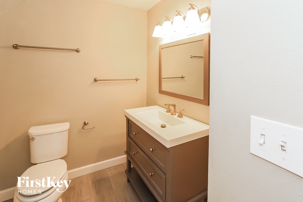 a bathroom with a sink and toilet and a mirror