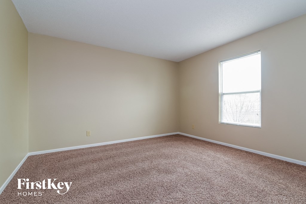 a bedroom with carpet and a window