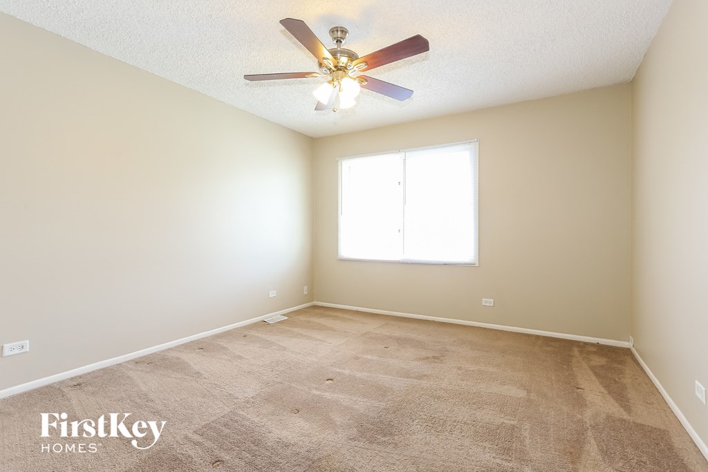 A room with a carpeted floor, a ceiling fan, and a window letting in natural light.