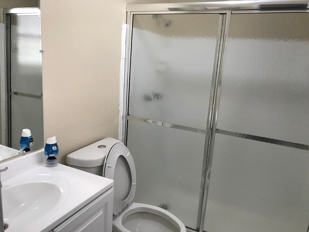 A bathroom with a toilet, sink, and frosted glass shower door.