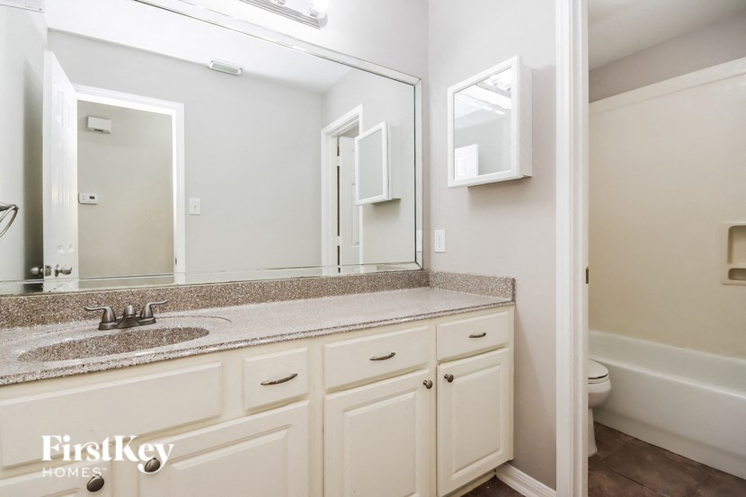 a bathroom with a sink and a mirror