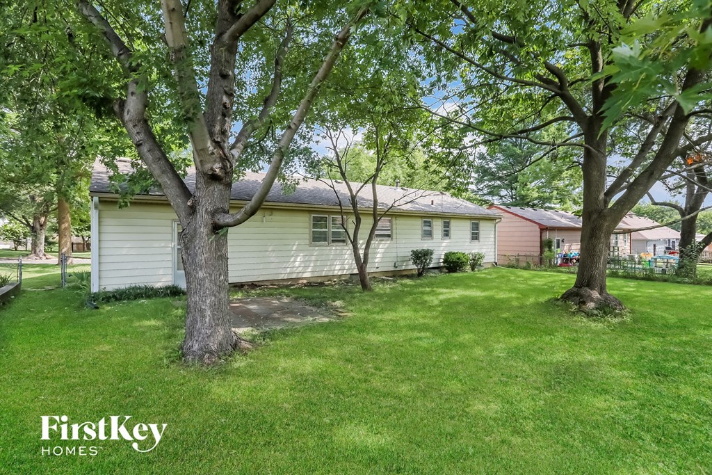 A tree stands in a grassy yard in front of a house.