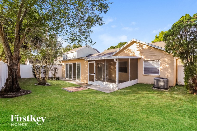 the backyard of a house with a yard and a tree