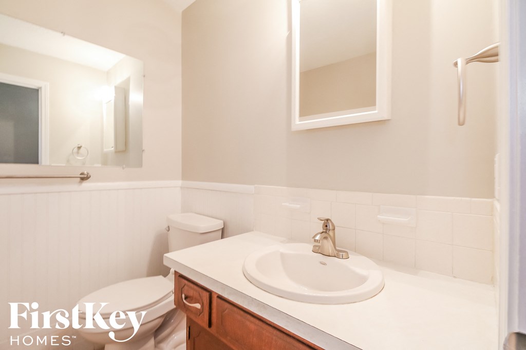 a bathroom with a sink and a toilet and a mirror