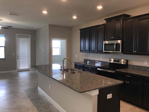 A kitchen with black cabinets and granite countertops.
