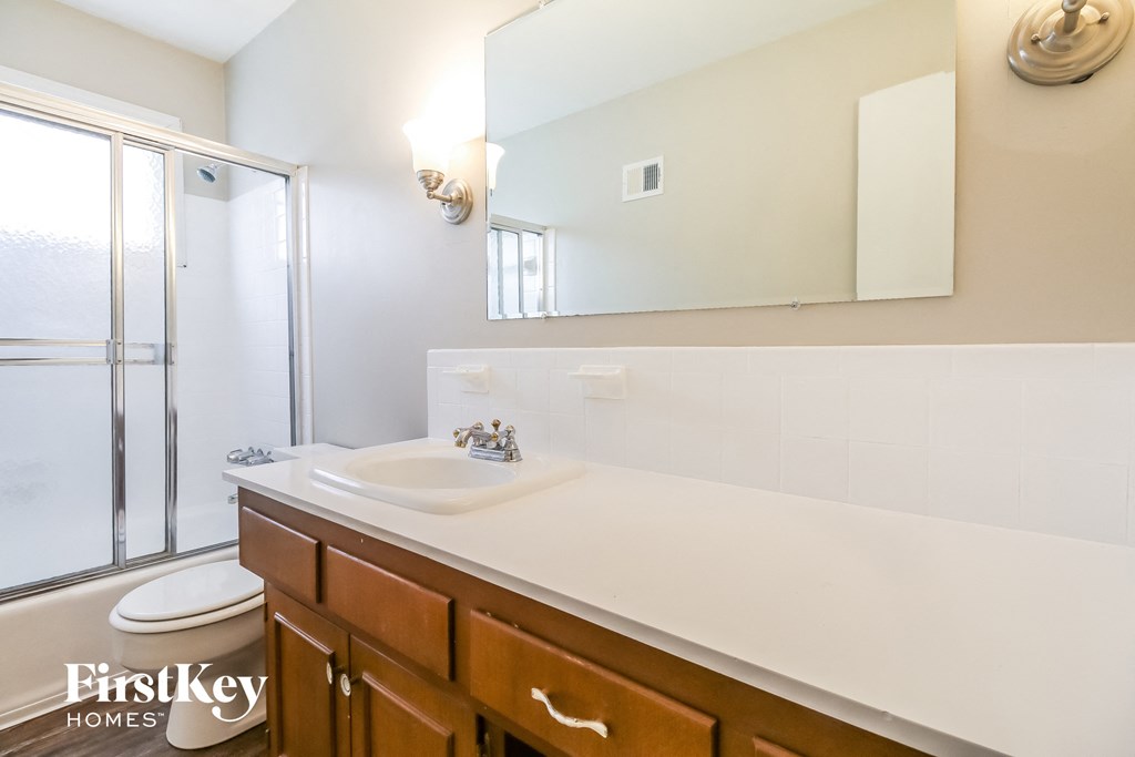 a bathroom with a sink and a shower and a mirror