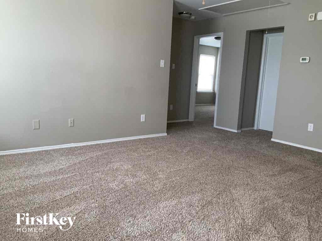 a carpeted living room with gray walls and a white carpet