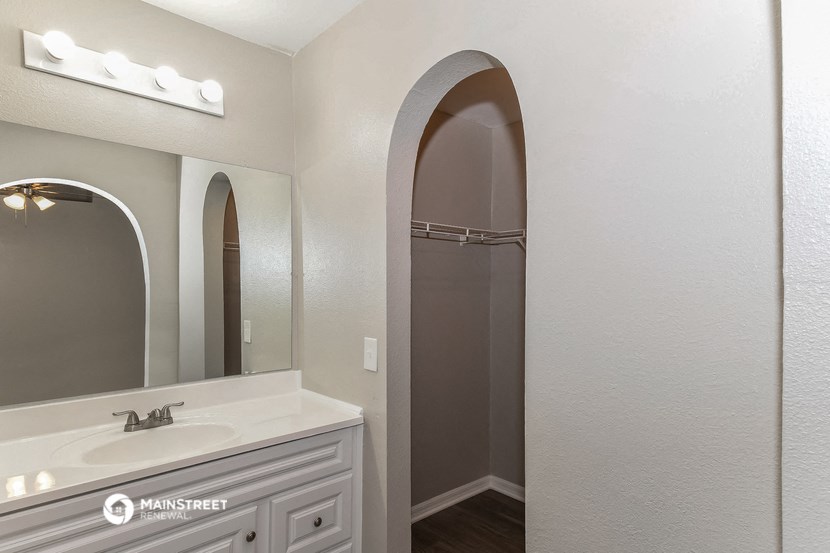 a bathroom with a sink and a mirror and a shower