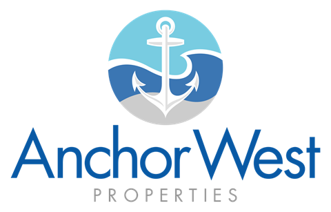 Anchor West Properties logo with a blue anchor and waves.