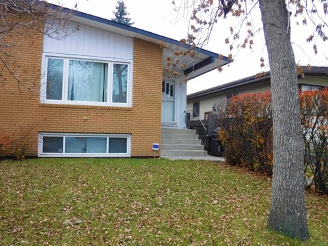 A house with a blue door and windows is surrounded by a grassy area with fallen leaves.