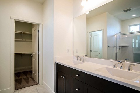 a bathroom with two sinks and a large mirror