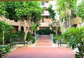 A pathway with green trees on both sides leading to a building.