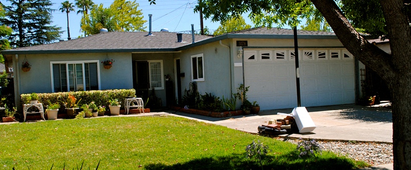 A house with a white garage door and a tree in front.
