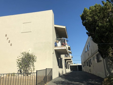 A white building with a black fence and a tree in front of it.
