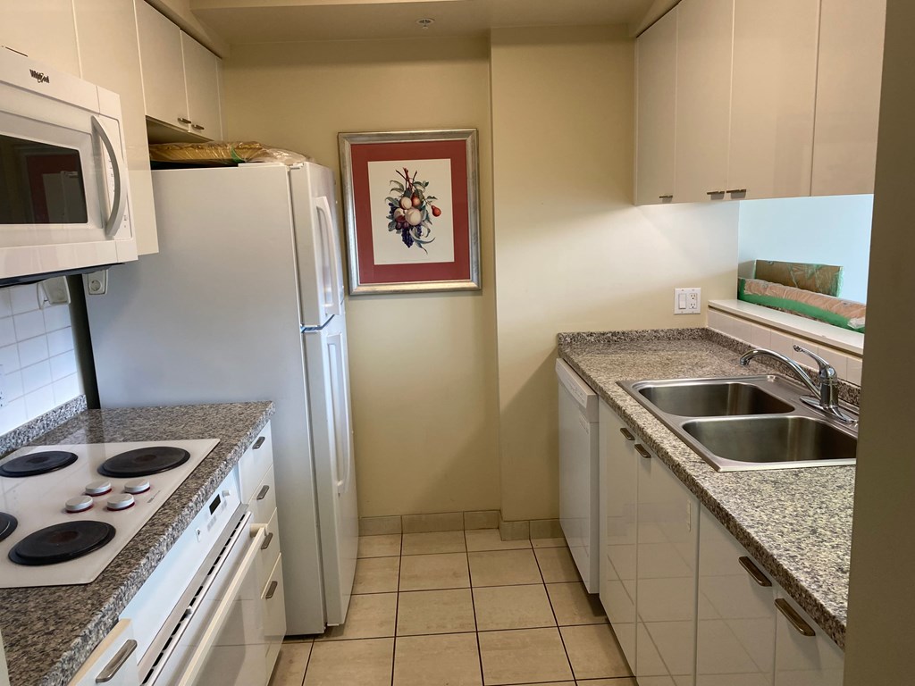 A kitchen with a white refrigerator, white cabinets, and a granite countertop.