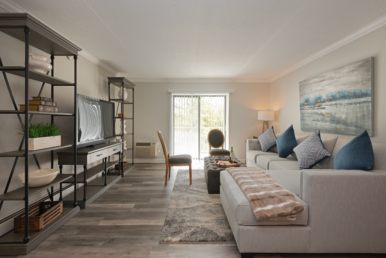 a living room with a couch and a tv