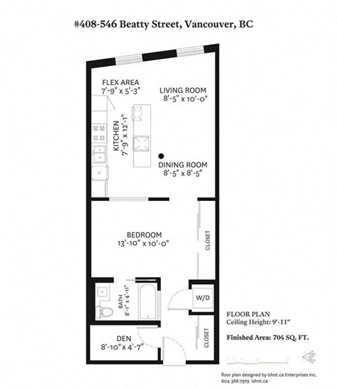 A black and white image of a floor plan for a condo located at 408-546 Beatty Street, Vancouver, BC.