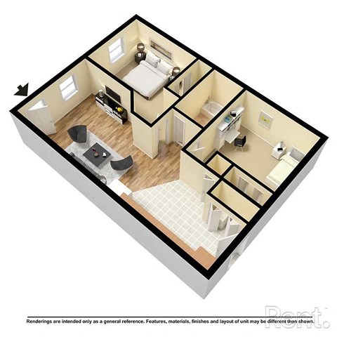 A 3D floor plan of a house with a kitchen, living room, and two bedrooms.