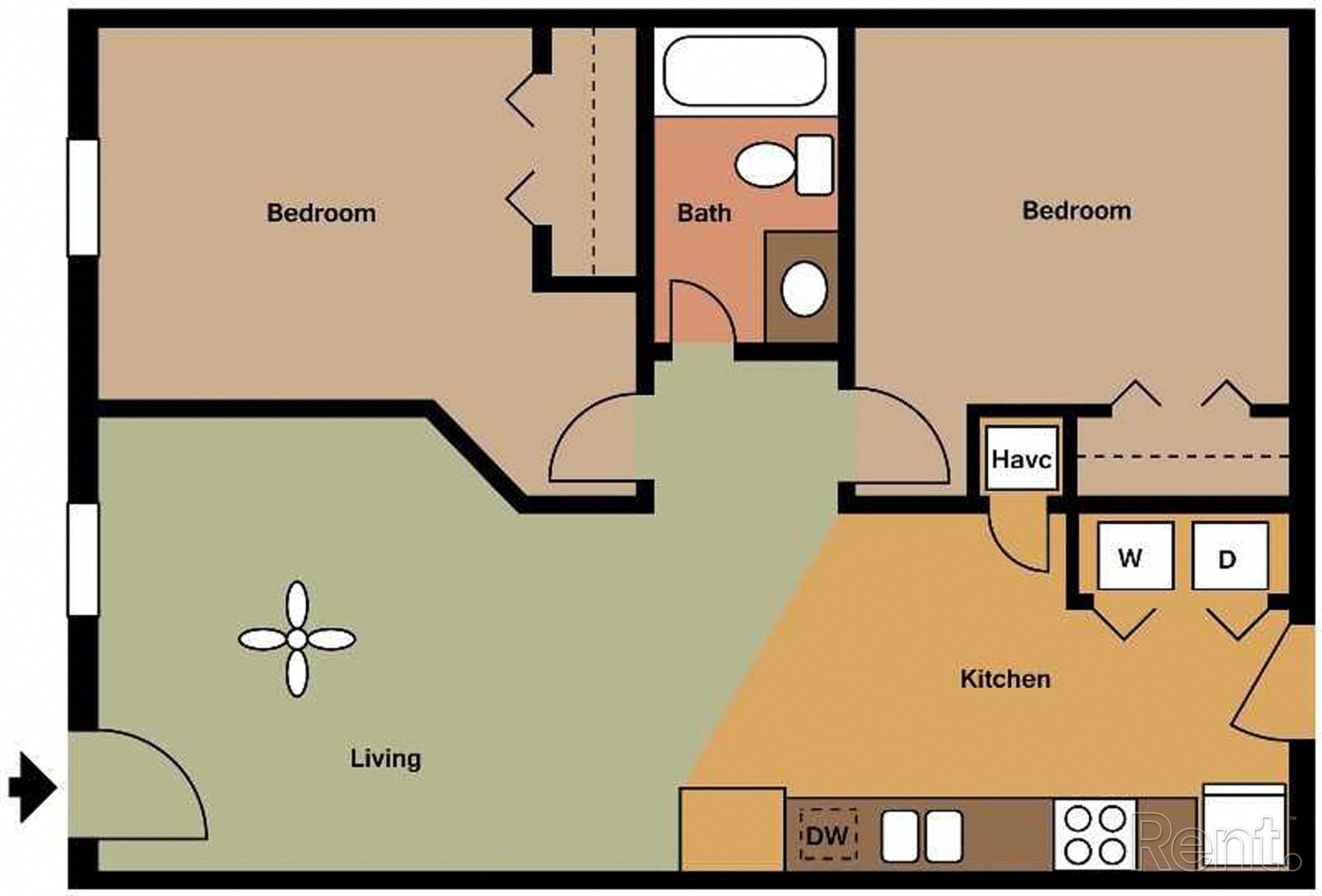 A floor plan of a house with two bedrooms, a living room, a kitchen, a bathroom, and a laundry room.