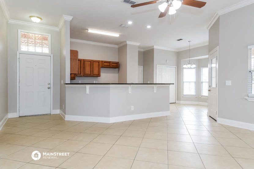 an empty kitchen with a counter top in a house