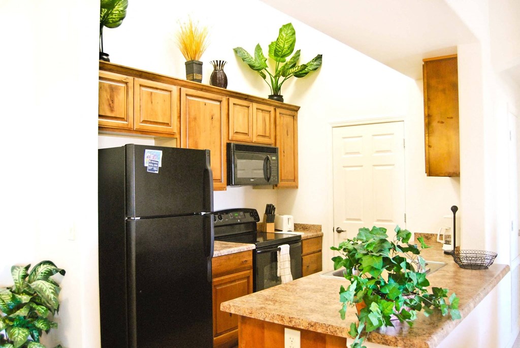 a kitchen with black appliances and wooden cabinets