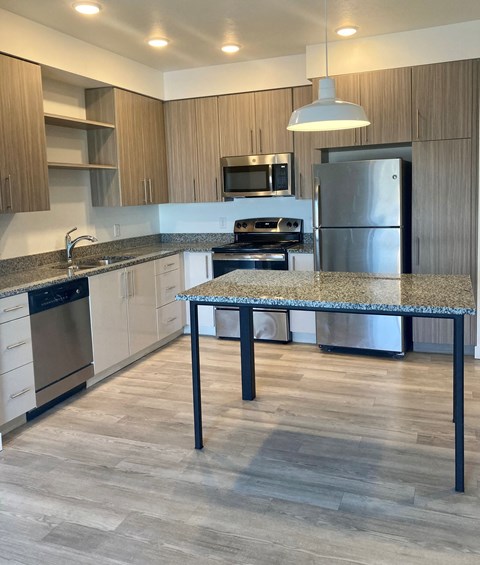 a kitchen with stainless steel appliances and a granite counter top