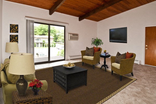 a living room with a couch and chairs and a television