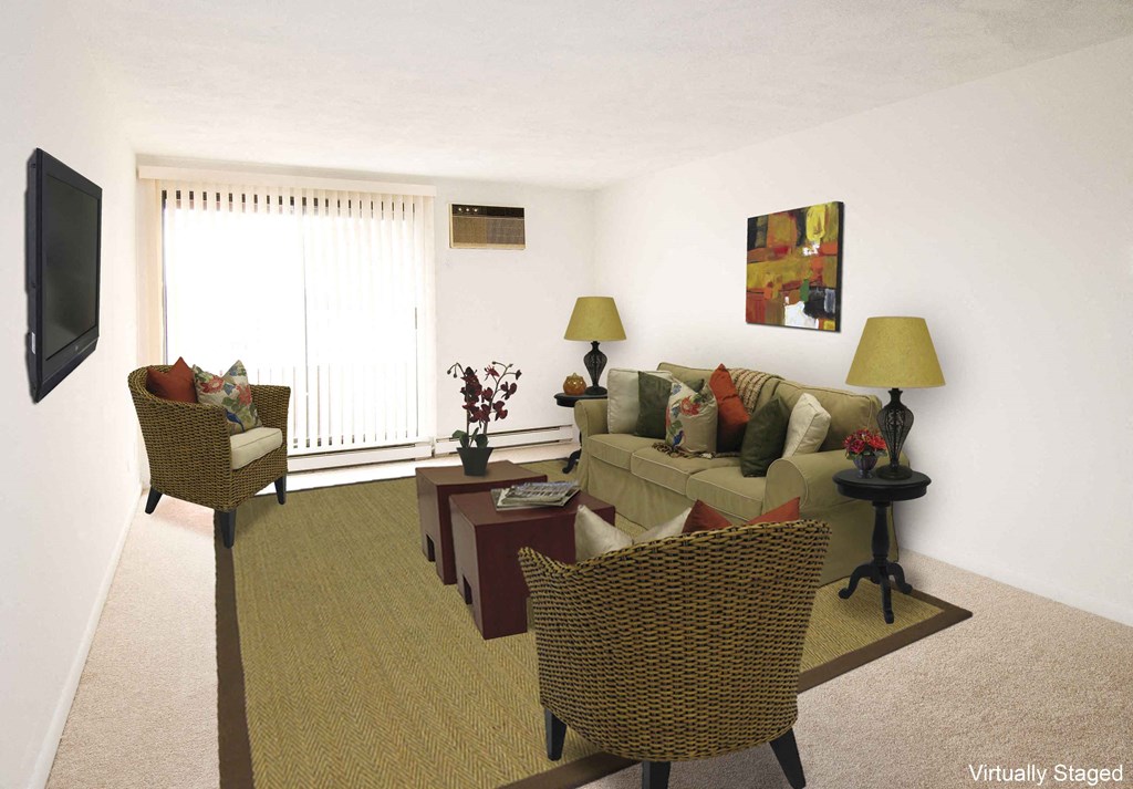 a living room with a couch and chairs and a television