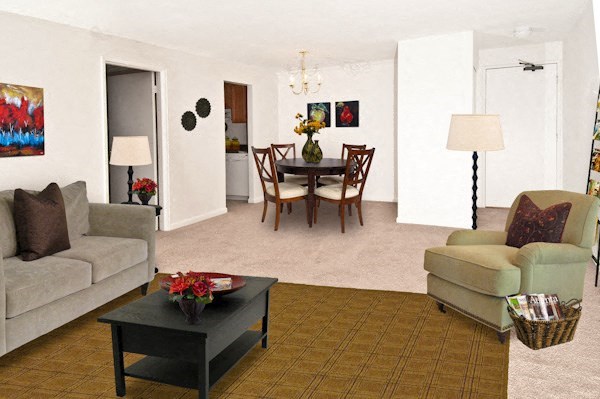 a living room with a couch and a table