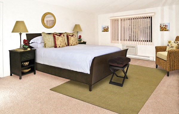 a bedroom with a bed and a chair and a window