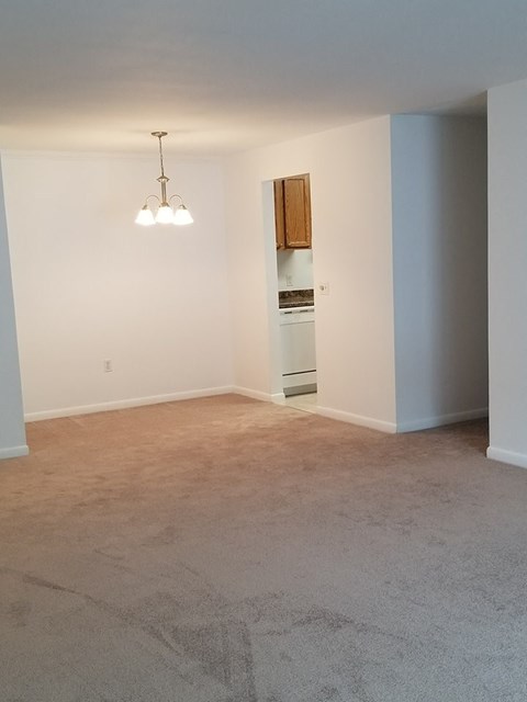 an empty living room with white walls and a carpet