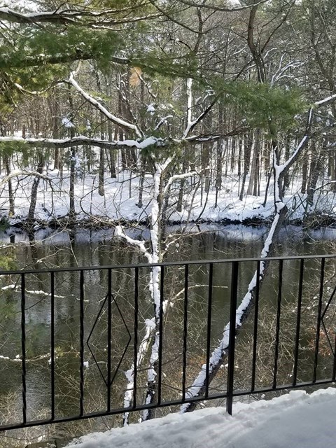 a bridge over a river in the snow