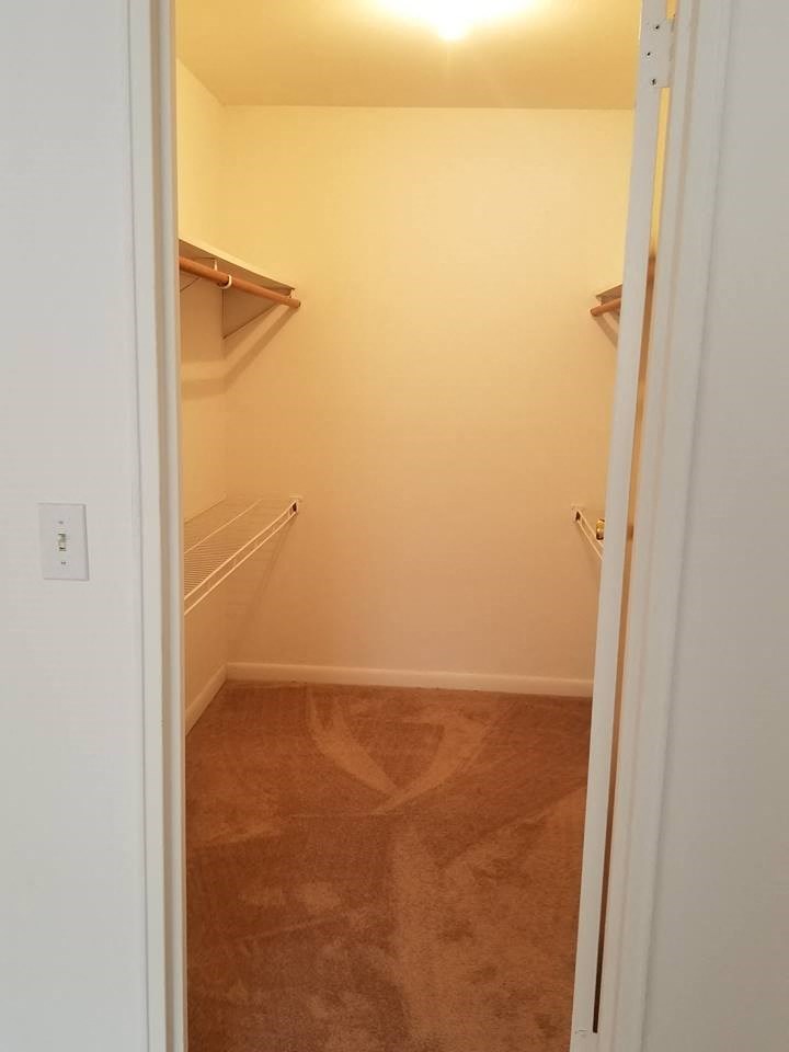a walk in closet with shelves and a door