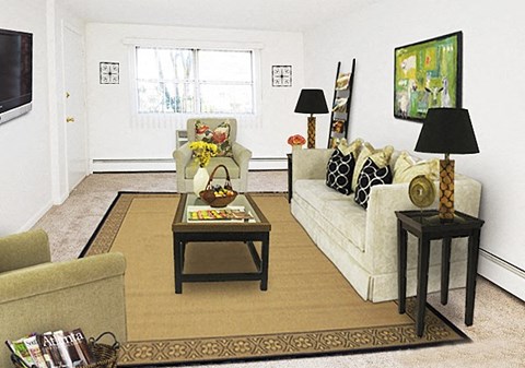 a living room with a couch and a table