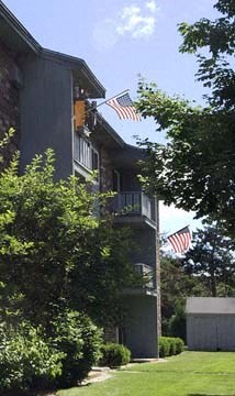 a large house flags on the side of it