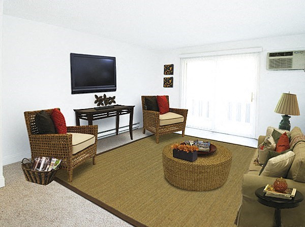 a living room with a couch and chairs and a television
