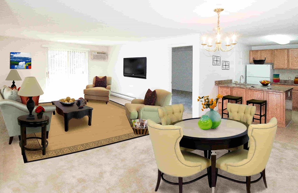 a living room and dining room with a table and chairs