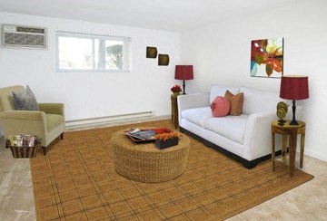 a living room with a white couch and a rug