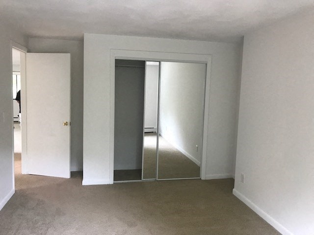 an empty living room with white walls and a mirrored closet