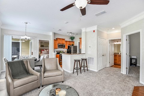 A living room with a grey carpet and two grey chairs.